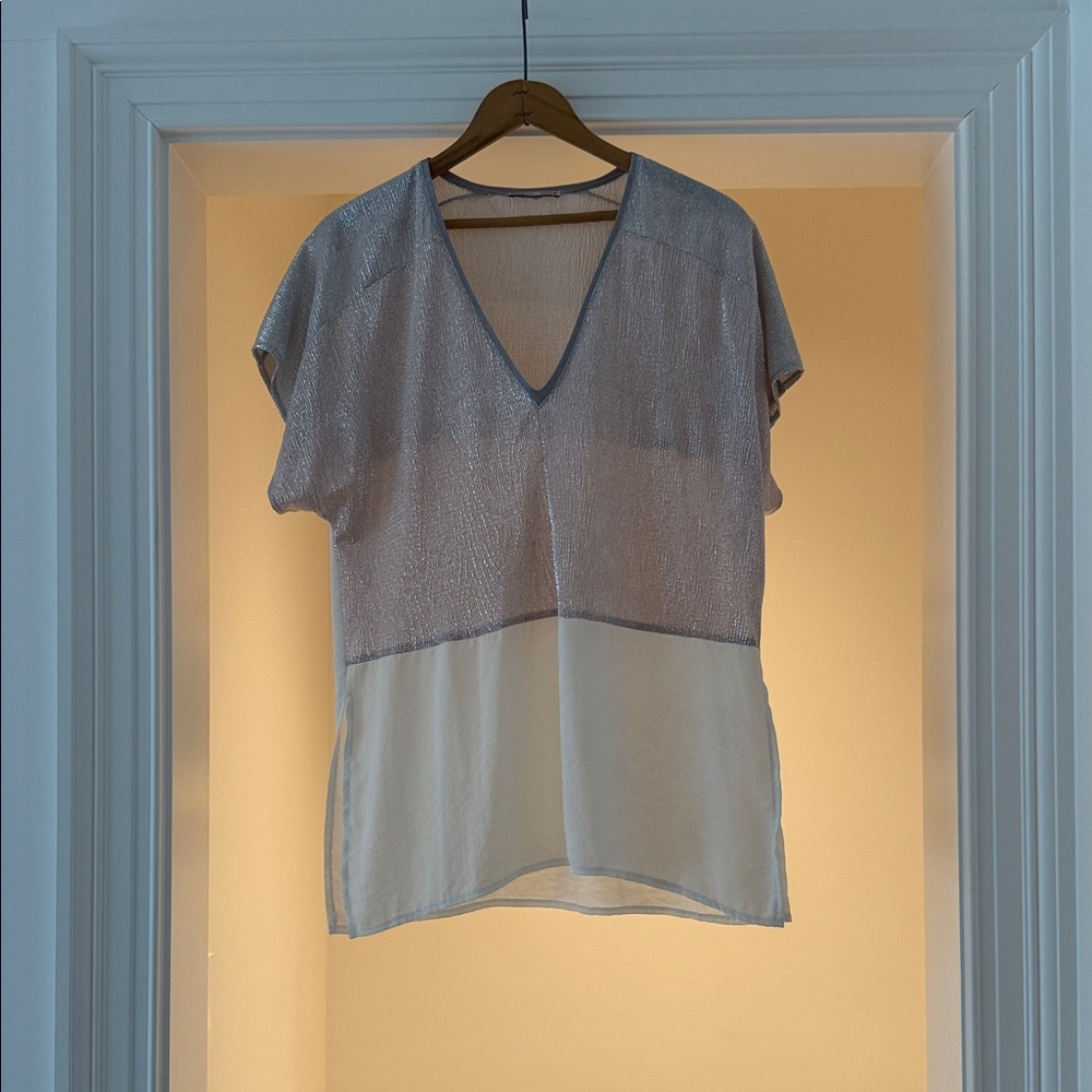 White and Silver V-Neck Two-Tone Women's Top